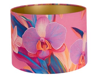 Abajur de tambor floral rosa com forro dourado, abajur pendente boho vintage, estampa floral retrô, acessório de decoração artesanal para casa e ideia de presente exclusiva para ela