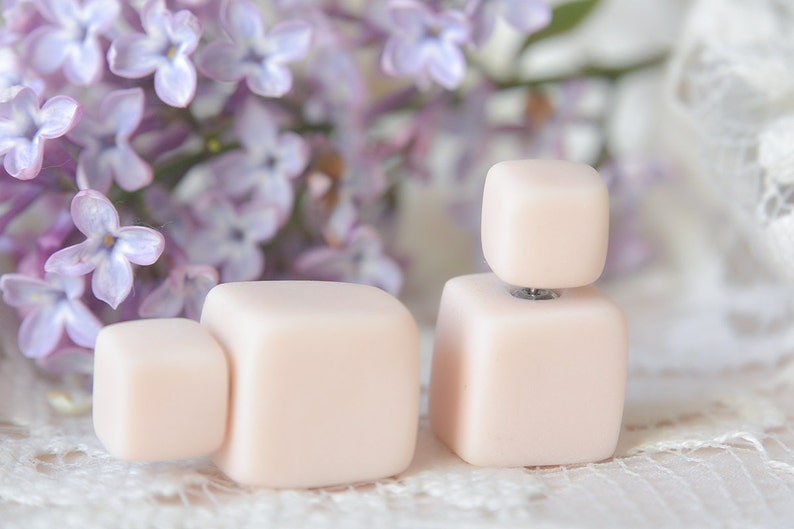 Square Earrings Pink Earrings Double Pearl Earrings Tribal Earrings Pastel Earrings Front Back Earring Stud Earings Stud Earrings