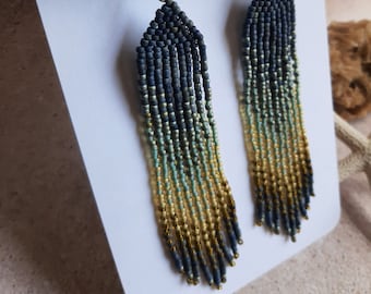 Denim Blue & Seafoam Green 4.50" Earrings - Seed Bead Fringed
