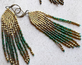 Golden Sands & Green 4" Earrings - Seed Bead Fringed