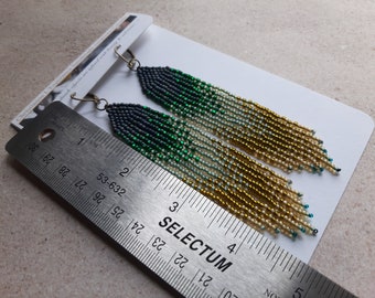 Seed Bead Fringe Earrings 4.75" - Denim Blue, Green, aqua, bronze, gold