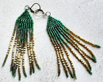 Green & Bronze 4" Earrings - Seed Bead Fringed