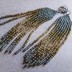 Seafoam green & Sandy Beach 4.25 Earrings Seed Bead Fringed image 6