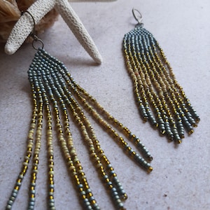 Seafoam green & Sandy Beach 4.25 Earrings Seed Bead Fringed image 1