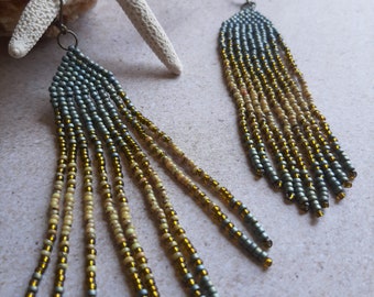 Seafoam green & Sandy Beach 4.25" Earrings - Seed Bead Fringed