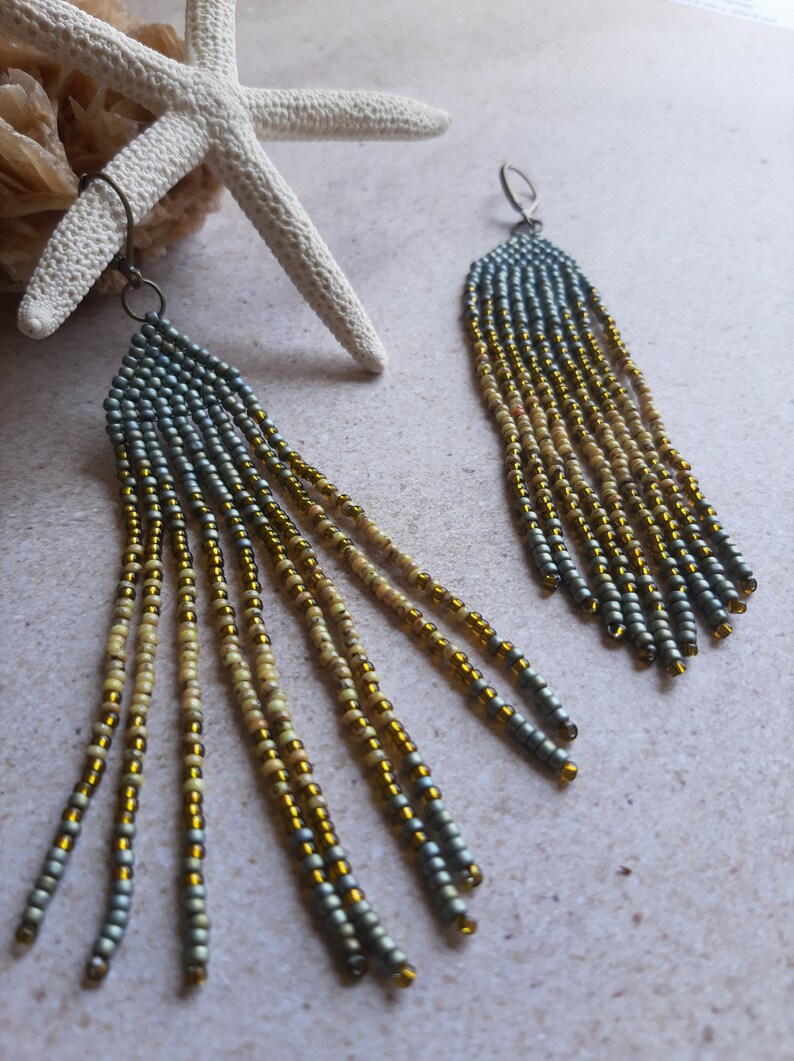 Seafoam green & Sandy Beach 4.25 Earrings Seed Bead Fringed image 1