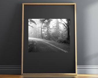 Foggy Road Print: Moody Forest Landscape Photography