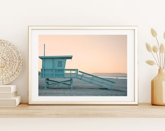 Affiche représentant la tour de sauveteur de Venice Beach – Décoration murale turquoise inspirée du littoral californien, style océan