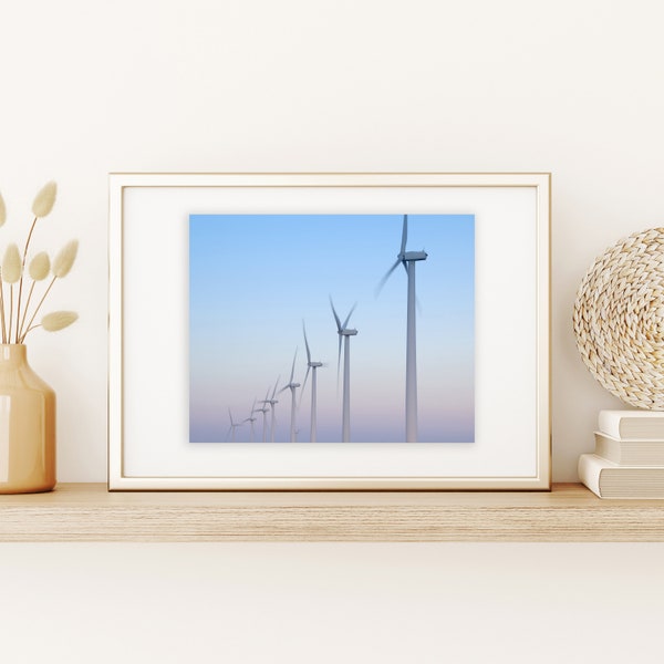 Impression d’éolienne | Cadeau pour la technologie des éoliennes | Impression de moulin à vent | Éolienne des Grandes Plaines | Nuances de bleu | Impression architecturale