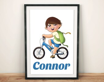 Biking Boy Personalized Name Print, Wall Decor, Gift for kids, Childrens Art, Kids Decor, Custom Name Sign, Toddler room, Playroom