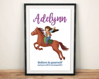 Girl on Horse Personalized Name Print, Childrens Wall Art Gift, Kids Decor, Custom name sign, Animal theme nursery, Toddler room, Equestrian