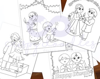 Páginas de actividades para colorear de Diwali para niños, decoración de Diwali para el festival de luces del sur de Asia India, libro para colorear de bricolaje para Diwali, manualidades de bricolaje