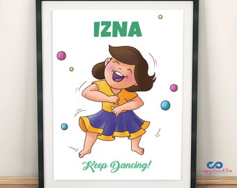 Happy Dance Girl Personalized Name Print, Gift for kids, Childrens wall art, Bollywood Dance, Custom name sign, Toddler room, Playroom Decor