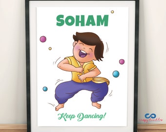 Happy Dance Boy Personalized Name Print, Gift for kids, Childrens wall art, Bollywood Dance, Custom name sign, Toddler room, Playroom decor,