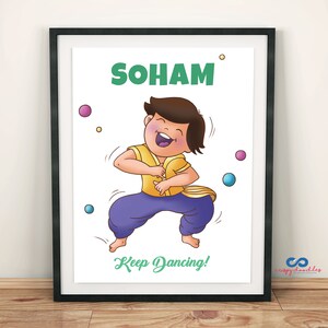 Happy Dance Boy Personalized Name Print, Gift for kids, Childrens wall art, Bollywood Dance, Custom name sign, Toddler room, Playroom decor,