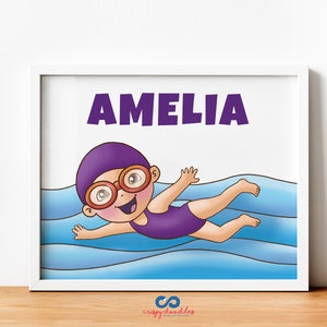 Swim Girl Personalized Name Print, Swimming Gift for Kids, Childrens Wall Art Kids , Custom Name Sign, Toddler Room, Playroom Decor