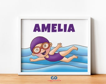 Swim Girl Personalized Name Print, Swimming Gift for Kids, Childrens Wall Art Kids , Custom Name Sign, Toddler Room, Playroom Decor