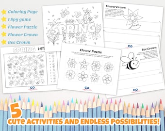 Spring Activity Set Printables, Educational Fun School Activity Sheets, School Game sheets, Spring Learning Games For School or Party