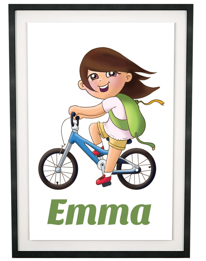 Biking Girl Personalized Name Print, Wall Decor, Gift for kids, Childrens Art, Kids Decor, Custom Name Sign, Toddler room, Playroom image 3