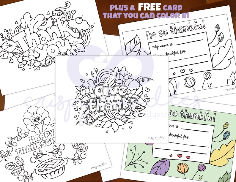 Puede incluir: Un conjunto de cinco p&aacute;ginas para colorear imprimibles con temas de Acci&oacute;n de Gracias. Las p&aacute;ginas incluyen im&aacute;genes de un pavo, un pastel y las palabras "Gracias", "Dar gracias" y "Estoy tan agradecido".