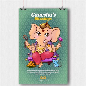 Puede incluir: Una ilustraci&oacute;n de dibujos animados de Ganesha, el dios hind&uacute; de los comienzos, la sabidur&iacute;a y la prosperidad. Ganesha est&aacute; representado con una cabeza grande, orejas de elefante y un solo colmillo. Est&aacute; sentado en un trono con una rata a sus pies. La imagen est&aacute; sobre un fondo verde con un patr&oacute;n floral. El texto "Ganesha's Blessings" est&aacute; escrito en la parte superior de la imagen. El texto "Like Ganesha, may you think big, listen well, be focused, be efficient and retain the good you see in the world!" est&aacute; escrito en la parte inferior de la imagen.