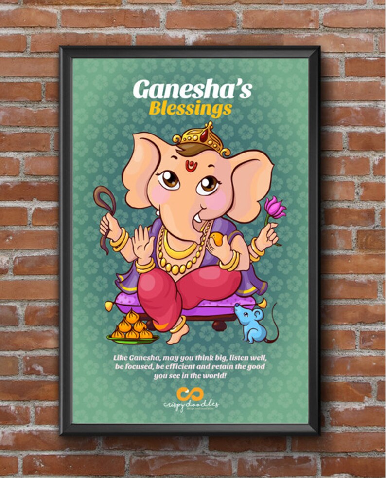 Puede incluir: Una ilustraci&oacute;n de dibujos animados de Ganesha, el dios hind&uacute; de los comienzos, la sabidur&iacute;a y la prosperidad. Se le representa con cabeza de elefante, un vientre grande y cuatro brazos. Sostiene una flor de loto, un modaka (dulce) y un colmillo roto. Est&aacute; sentado en un trono con un rat&oacute;n a sus pies. La imagen est&aacute; sobre un fondo verde con un patr&oacute;n floral. El texto "Ganesha's Blessings" est&aacute; en la parte superior de la imagen. El texto "Like Ganesha, may you think big, listen well, be focused, be efficient and retain the good you see in the world!" est&aacute; en la parte inferior de la imagen. El texto "crispy doodles" est&aacute; en la parte inferior derecha de la imagen.
