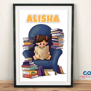 Me encanta leer Niña personalizar nombre Leer Rincón Estantería Biblioteca Tranquilo Esquina Lector de ratones de biblioteca Niños Habitación Pared Decoración de arte Guardería
