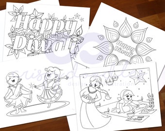 Diwali páginas de actividades para colorear para niños, decoración Diwali para el festival de luces de la India del Sur de Asia, libro para colorear DIY para Diwali, bricolaje artesanal