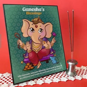 Puede incluir: Una ilustraci&oacute;n enmarcada de Ganesha, el dios hind&uacute; de los comienzos, con el texto "Ganesha's Blessings" y la cita "Like Ganesha, may you think big, listen well, be focused, be efficient and retain the good you see in the world!" La ilustraci&oacute;n est&aacute; sobre un fondo verde con patrones florales.