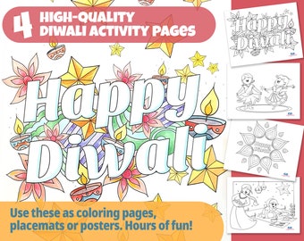 Diwali coloring activity pages for kids, Diwali decor for South Asian Indian festival of lights, DIY coloring book for Diwali, DIY craft
