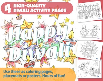 May include: A set of four high-quality Diwali activity pages. The main image features the words "Happy Diwali" surrounded by flowers, stars, and candles. Additional pages show line drawings of Diwali celebrations, perfect for coloring.