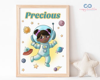 Astronaut Space Girl Personalized Name Print , Childrens Wall Room, Kids Decor, Custom Name Sign, Art Print, Toddler Room, Playroom Decor