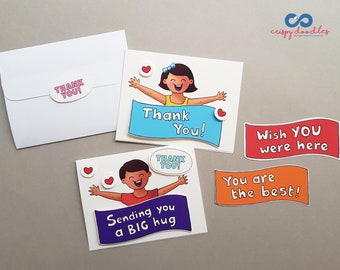 Thank You Cards for Kids, Cute Thank You Card Sending You a Hug, Thank You Card Digital Download, Printable Kids Thank You Card Downloadable