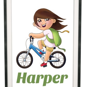 Biking Girl Personalized Name Print, Wall Decor, Gift for kids, Childrens Art, Kids Decor, Custom Name Sign, Toddler room, Playroom image 2