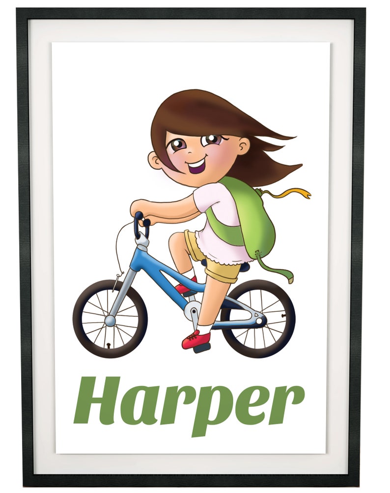 Biking Girl Personalized Name Print, Wall Decor, Gift for kids, Childrens Art, Kids Decor, Custom Name Sign, Toddler room, Playroom image 2