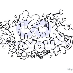 Puede incluir: Ilustraci&oacute;n en blanco y negro de l&iacute;nea de arte de las palabras "Gracias" rodeadas de dise&ntilde;os de garabatos que incluyen hojas, bayas, una magdalena y un frasco.