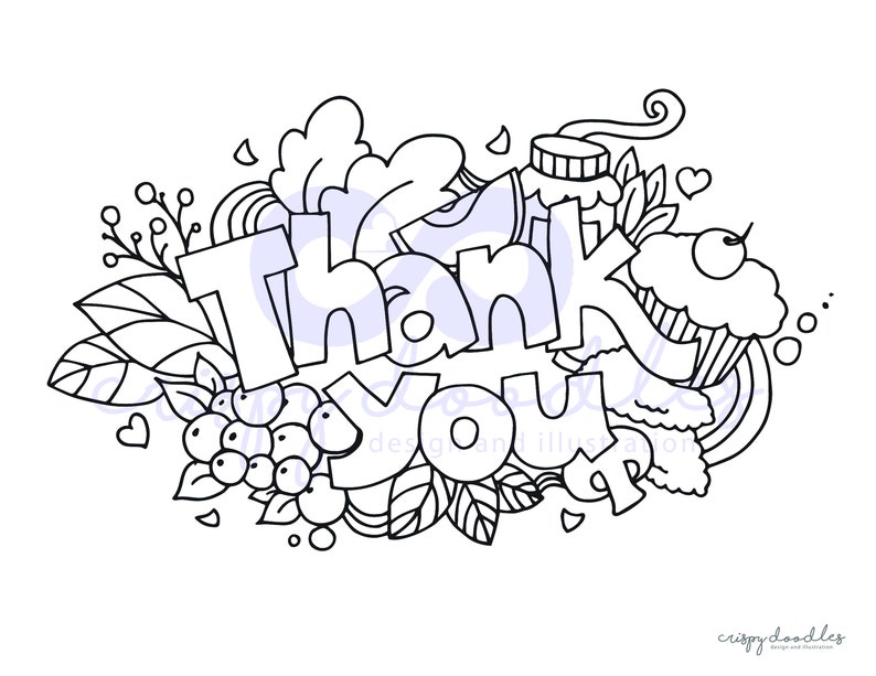 Puede incluir: Ilustraci&oacute;n en blanco y negro de l&iacute;nea de arte de las palabras "Gracias" rodeadas de dise&ntilde;os de garabatos que incluyen hojas, bayas, una magdalena y un frasco.