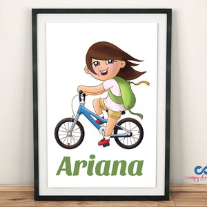 Biking Girl Personalized Name Print, Wall Decor, Gift for kids, Childrens Art, Kids Decor, Custom Name Sign, Toddler room, Playroom image 1