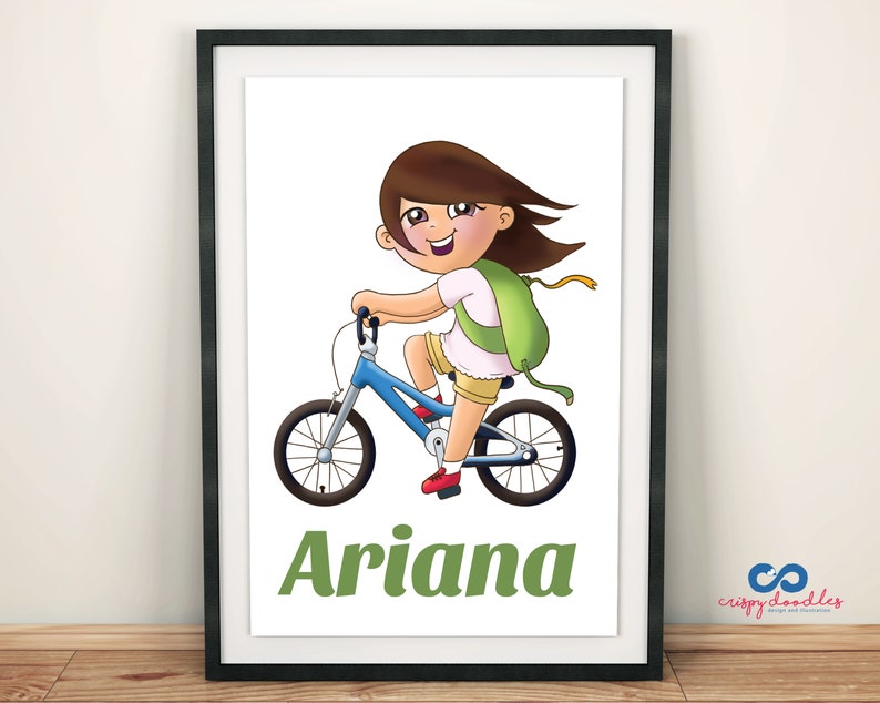 Biking Girl Personalized Name Print, Wall Decor, Gift for kids, Childrens Art, Kids Decor, Custom Name Sign, Toddler room, Playroom image 1