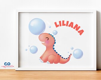 Peach Dinosaur with Bubbles Customize your Name Stegosaurus Cute Happy Dino bath time Personalized Print Birthday Kids Gift