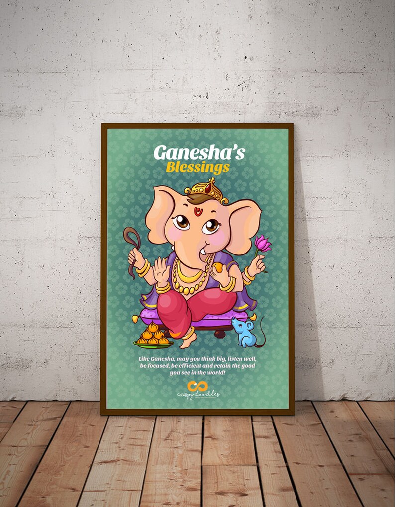 Puede incluir: Una ilustraci&oacute;n digital de Ganesha, el dios hind&uacute; de los comienzos, el &eacute;xito y la eliminaci&oacute;n de obst&aacute;culos. Se le representa con cabeza de elefante, un solo colmillo y cuatro brazos. Est&aacute; sentado en un trono con una rata a sus pies. La imagen tiene un fondo verde con un patr&oacute;n floral y el texto "Ganesha's Blessings" en la parte superior. El texto en la parte inferior dice "Like Ganesha, may you think big, listen well, be focused, be efficient and retain the good you see in the world!" y "cuspydoodles".