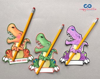 Valentines Day Dinosaur Card Set, Candy Hugger, Pencil Crayon Holder, DIY card,  Attach a gift, Classroom Valentine, Digital download, PDF