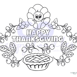 Puede incluir: P&aacute;gina para colorear en blanco y negro con un pavo de Acci&oacute;n de Gracias, un pastel y bayas con el texto "Feliz D&iacute;a de Acci&oacute;n de Gracias".