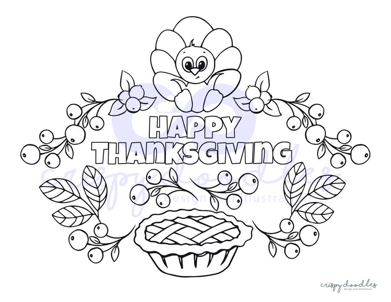 Puede incluir: P&aacute;gina para colorear en blanco y negro con un pavo de Acci&oacute;n de Gracias, un pastel y bayas con el texto "Feliz D&iacute;a de Acci&oacute;n de Gracias".