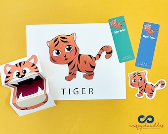 Tiger Kids DIY Activity, Animales salvajes, Animal de boca grande, Marcador de tigre, Títere de papel, Dibujo para colorear, Descarga instantánea