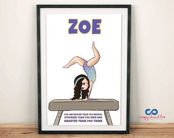 Impresión de nombre personalizado de niña gimnasta, arte de pared, decoración de niños, signo de nombre personalizado, regalos de gimnasia, habitación de niños pequeños, regalo para niños, favores de fiesta