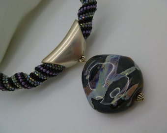 Seed Bead Necklace. Ceramic Pendant Necklace. Large Spiral Necklace. Purple Blue Necklace. DecoBeading .
