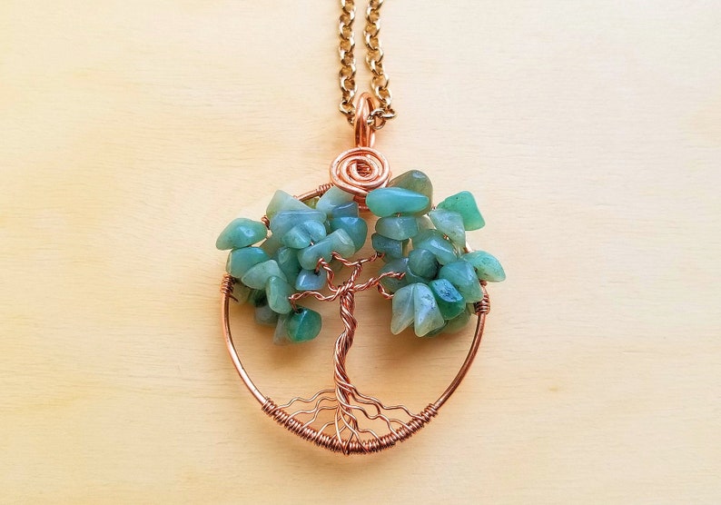 Green Aventurine Tree Pendant wrapped with copper wire Gaelic woodland jewelry Gift for Pagan friend. Irish Tree of Life necklace