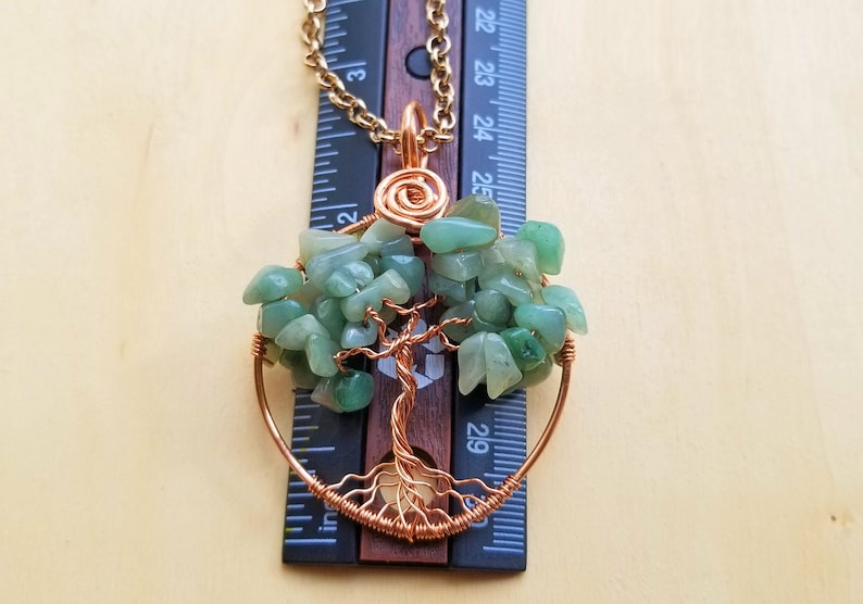 Green Aventurine Tree Pendant wrapped with copper wire Gaelic woodland jewelry Gift for Pagan friend. Irish Tree of Life necklace