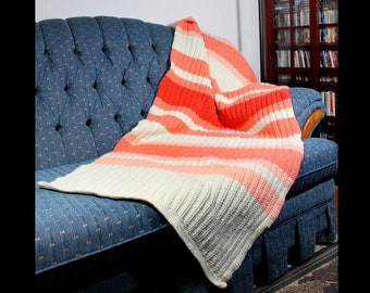 Striped Crochet Blanket, Afghan, Couch Throw, Gift Idea, Oranges and Cream Color, Home Decor, Handmade